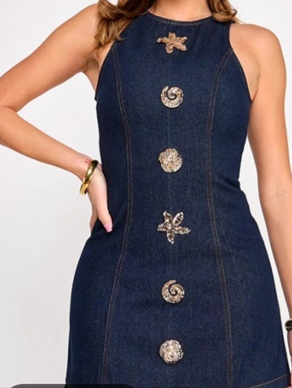 MILK & HONEY Embellished Dark Blue Denim Halter Mini Dress